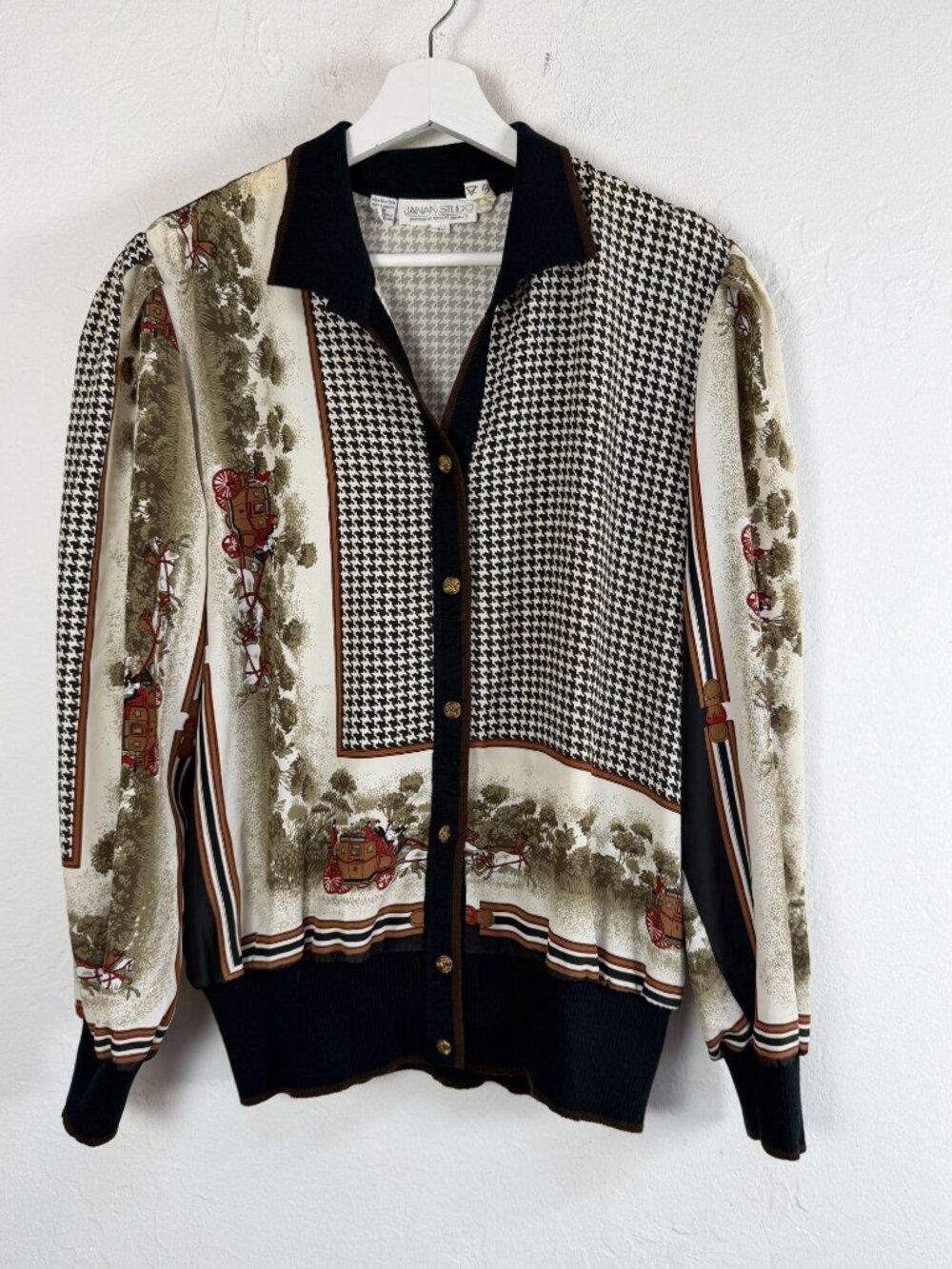 Vintage Janan Studio Womens Equestrian Scarf Print Houndstooth Cardigan Large